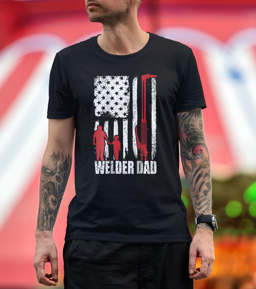 Welder Dad American Flag Grunge with Torch and Father-Child T-Shirt