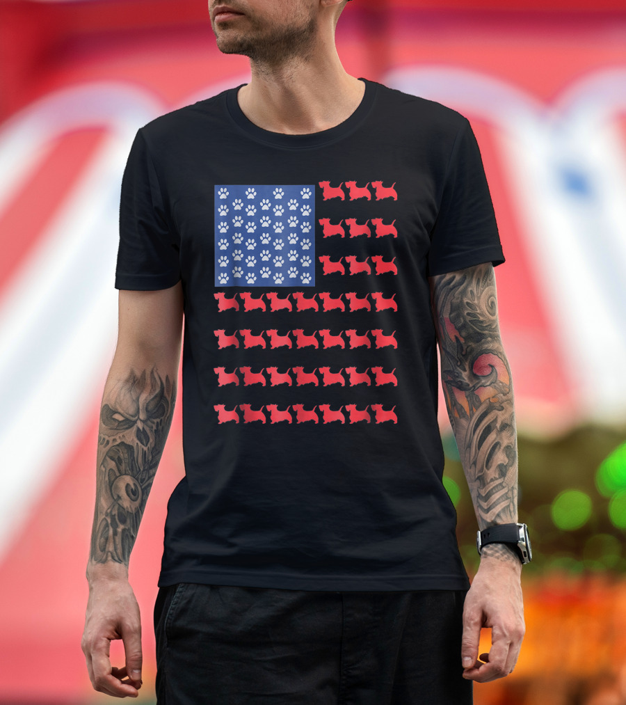 Scottish Terrier American Flag 4th of July Dog Paw Print Scottie T-Shirt