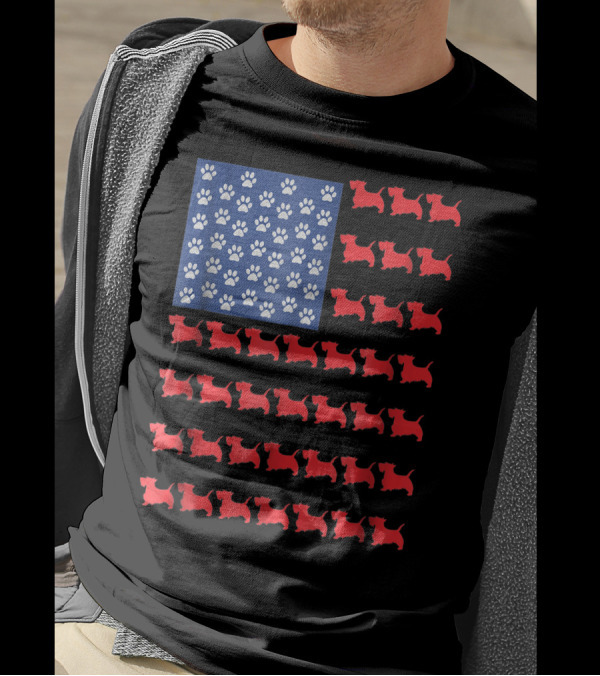 Scottish Terrier American Flag 4th Of July Dog Paw Print Scottie T-Shirt