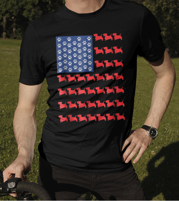 Scottish Terrier American Flag 4th Of July Dog Paw Print Scottie T-Shirt