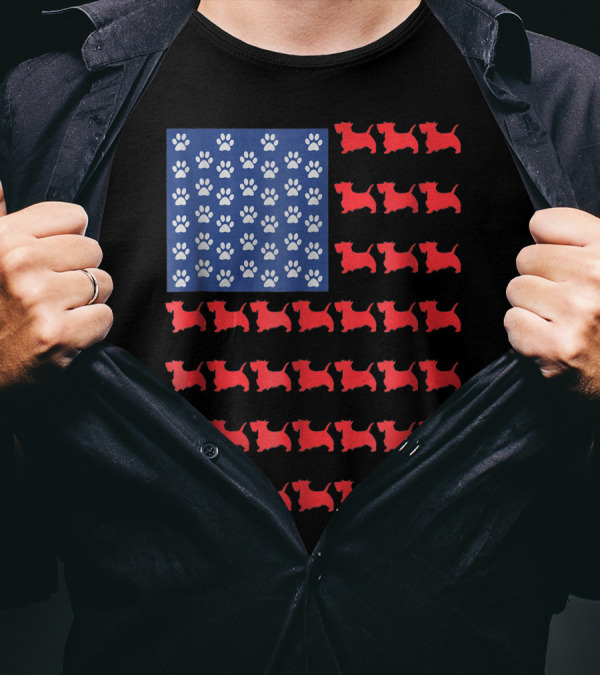 Scottish Terrier American Flag 4th Of July Dog Paw Print Scottie T-Shirt