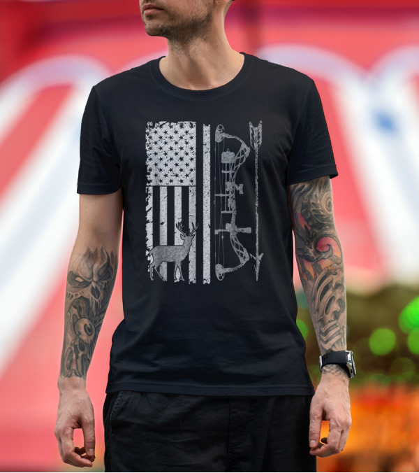 Premium T-Shirt: American Flag Deer Bow Hunter T-Shirt American Flag Deer Bow Hunter T-Shirt