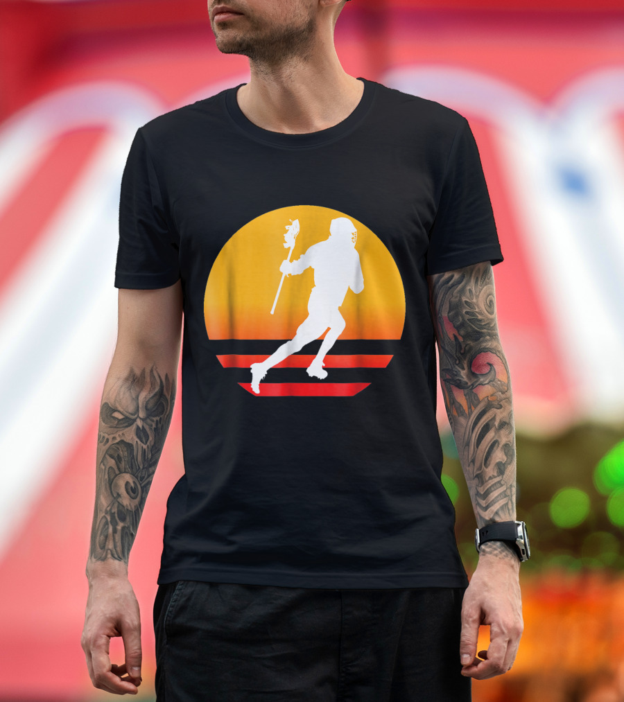 Lacrosse Player Silhouette Over American Sunset USA Fan T-Shirt
