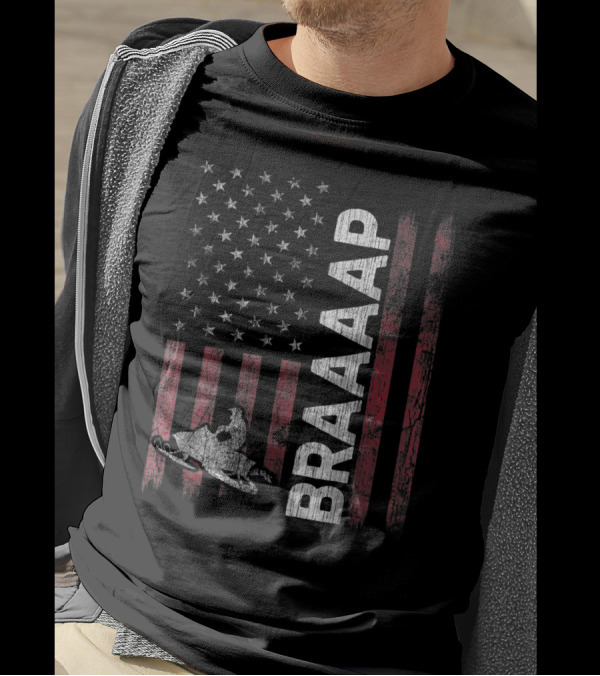Distressed Braaaap American Flag Snowmobiling Vintage Style USA Snowmobile T-Shirt