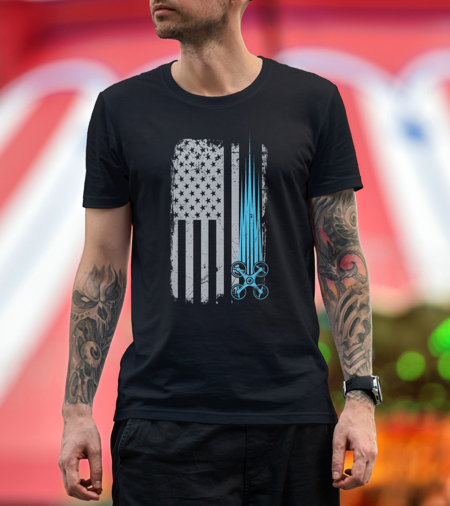 Distressed American Flag with Drone Racing T-Shirt