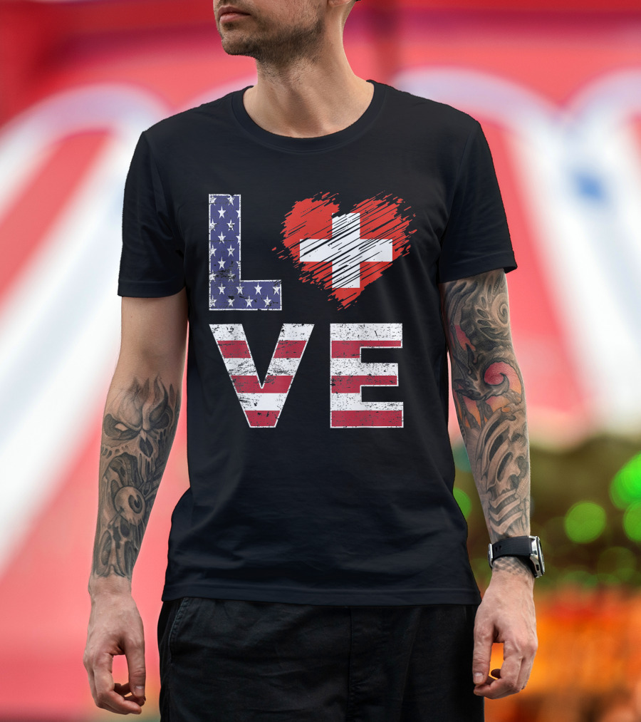 Love USA Switzerland Flag Heart Swiss American Flag T-Shirt