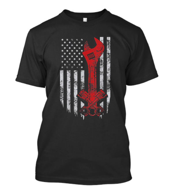 American USA Flag Mechanics Wrench And Pistons T-Shirt