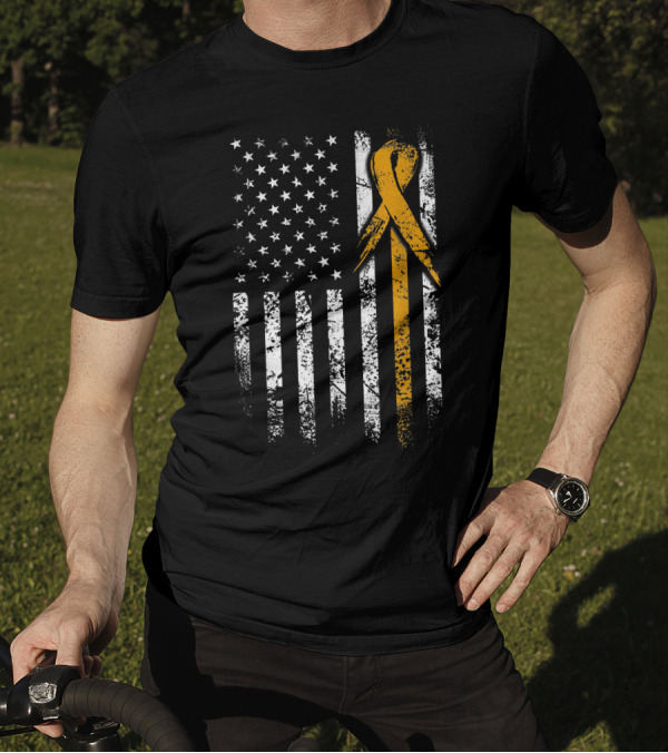 Multiple Sclerosis Awareness American Flag Grunge With Yellow Ribbon T-Shirt