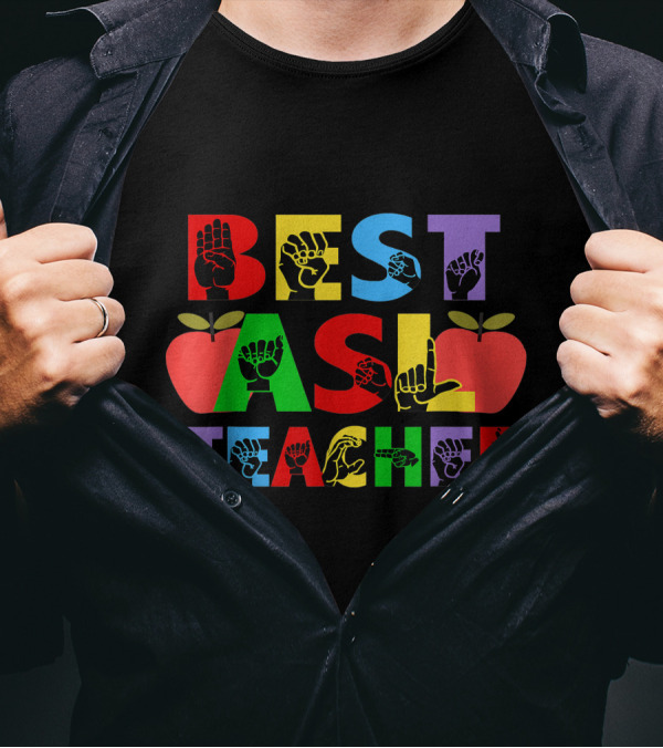 Best ASL Teacher Alphabet American Sign Language Apple Motif T-Shirt