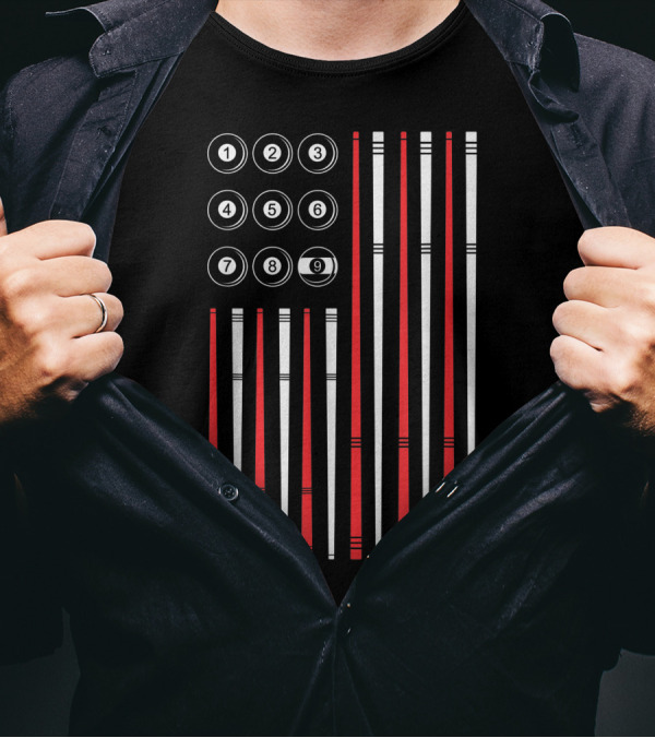 American Flag Billiards Cue Nine Ball Pool Stripes T-Shirt