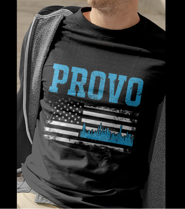 Provo Skyline Utah State American Flag With Blue City T-Shirt
