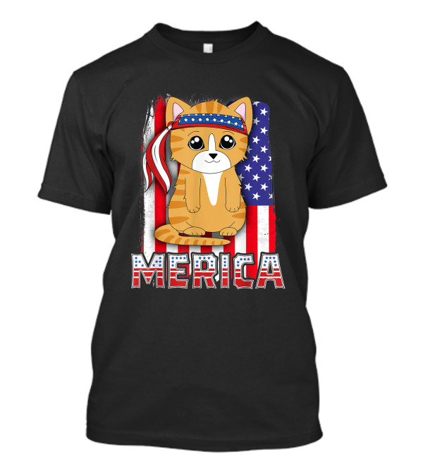 Merica Cat Kitty Kitten 4th Of July American Flag T-Shirt