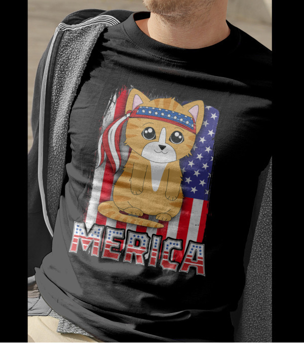 Merica Cat Kitty Kitten 4th Of July American Flag T-Shirt
