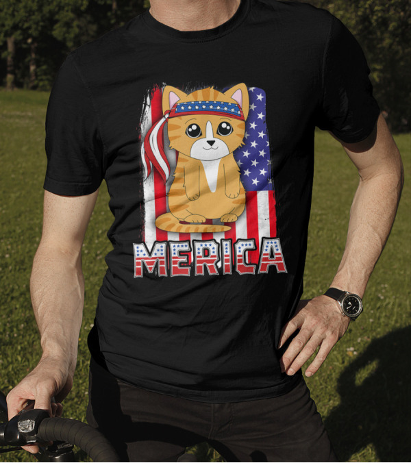 Merica Cat Kitty Kitten 4th Of July American Flag T-Shirt