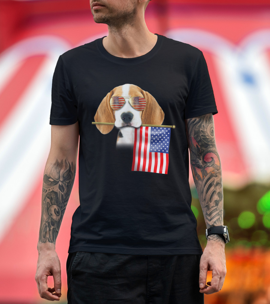 4Th Of July American Flag Beagle with Sunglasses T-Shirt