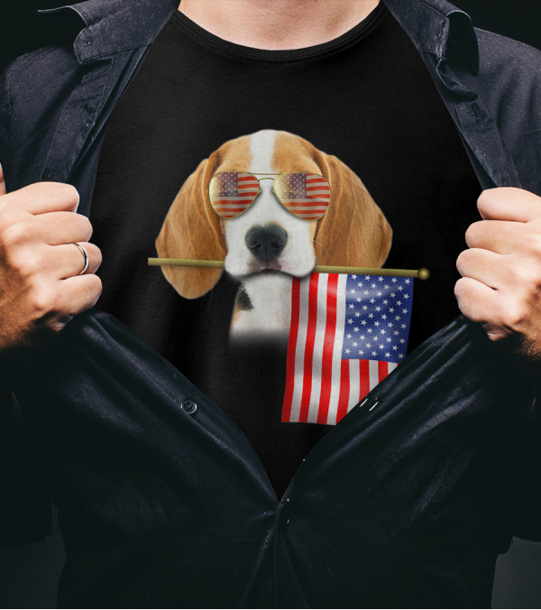 4Th Of July American Flag Beagle With Sunglasses T-Shirt