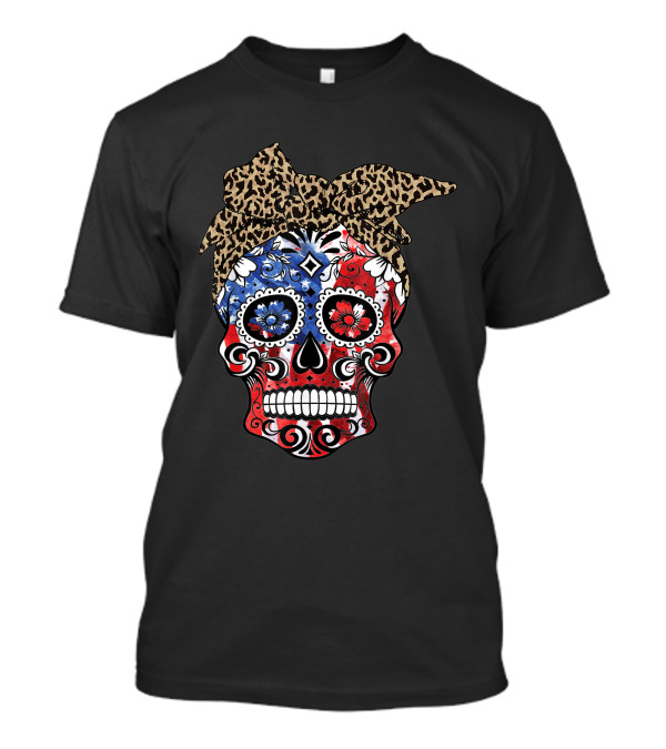 American Flag Sugar Skull With Leopard Headband For 4th Of July T-Shirt