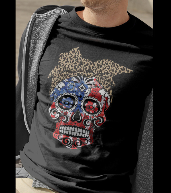 American Flag Sugar Skull With Leopard Headband For 4th Of July T-Shirt