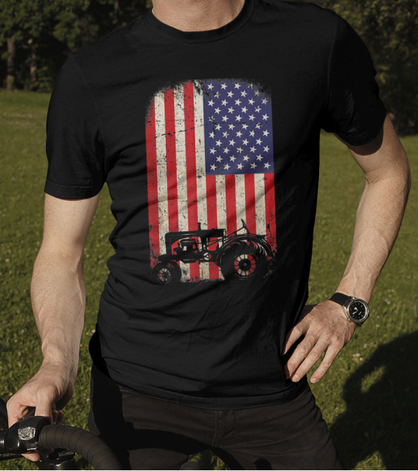 Rustic American Flag Tractor 4th Of July Farmer T-Shirt
