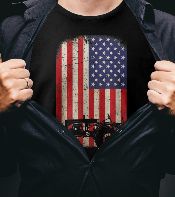 Rustic American Flag Tractor 4th Of July Farmer T-Shirt