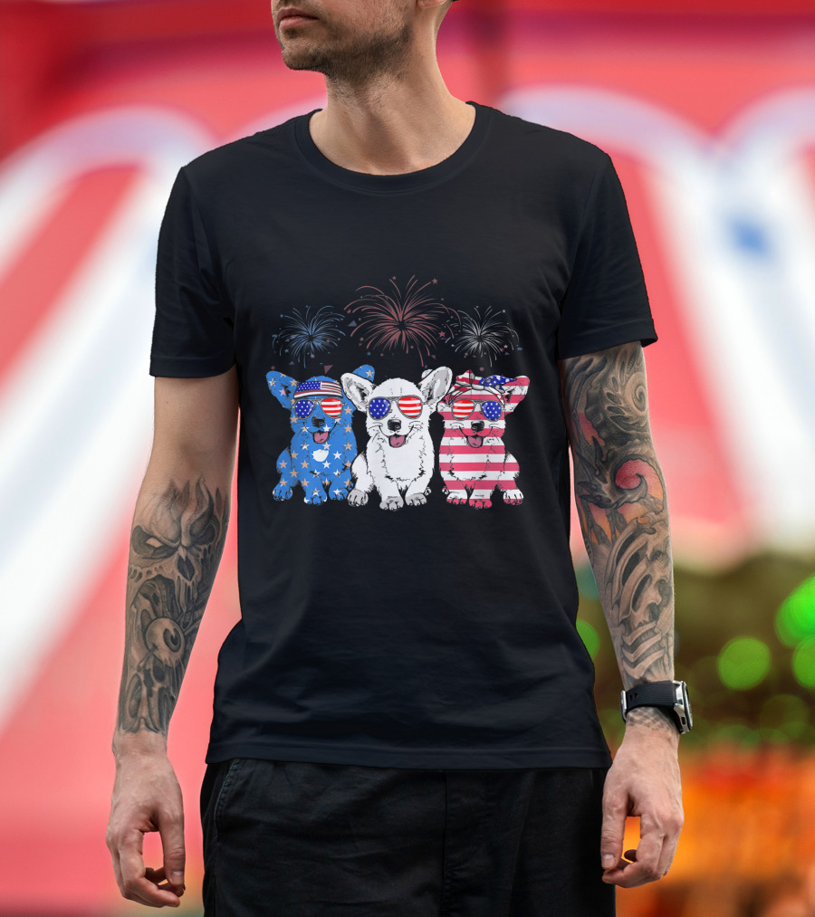 Corgi American Flag USA 4th of July Fireworks Glasses T-Shirt