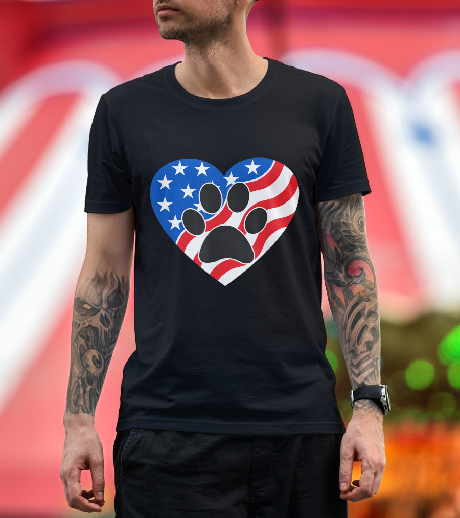 American Flag Heart Dog and Cat Paw Print 4th of July T-Shirt