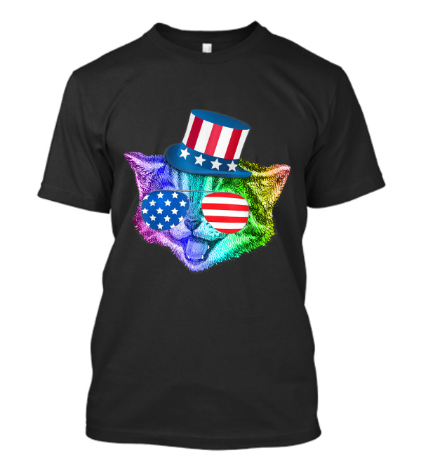 Rainbow Feline Cat Wearing American Flag Hat And Glasses For 4th Of July T-Shirt