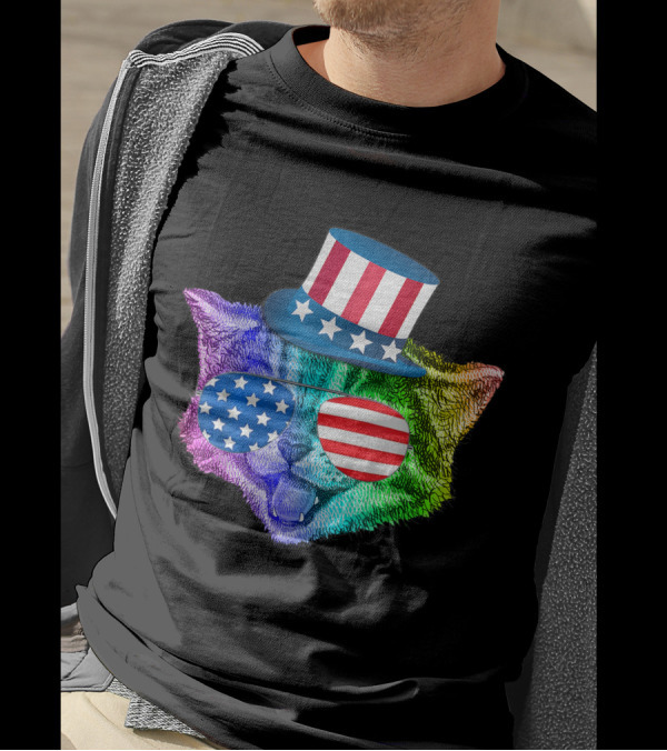 Rainbow Feline Cat Wearing American Flag Hat And Glasses For 4th Of July T-Shirt
