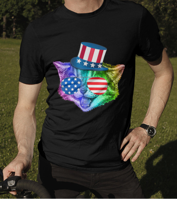 Rainbow Feline Cat Wearing American Flag Hat And Glasses For 4th Of July T-Shirt