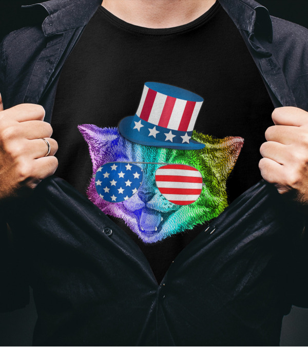 Rainbow Feline Cat Wearing American Flag Hat And Glasses For 4th Of July T-Shirt