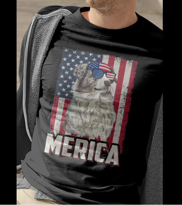 Australian Shepherd Merica American Flag 4th Of July T-Shirt