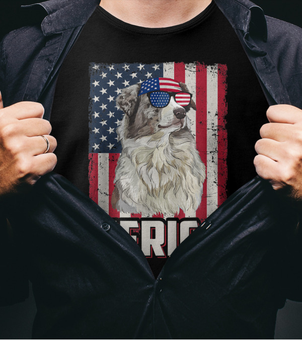 Australian Shepherd Merica American Flag 4th Of July T-Shirt