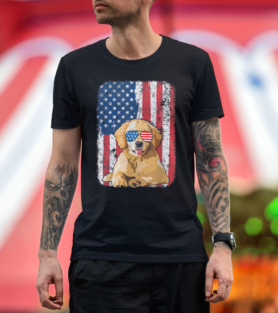 Distressed American USA Flag Golden Retriever Dog with Patriotic Sunglasses T-Shirt