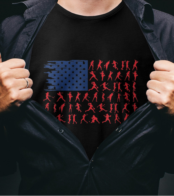 4th July American Flag Softball Silhouettes Patriotic Softball Lover T-Shirt