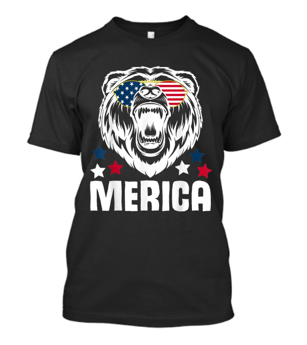 Merica Bear American Flag Sunglasses Patriotic 4th Of July Stars T-Shirt