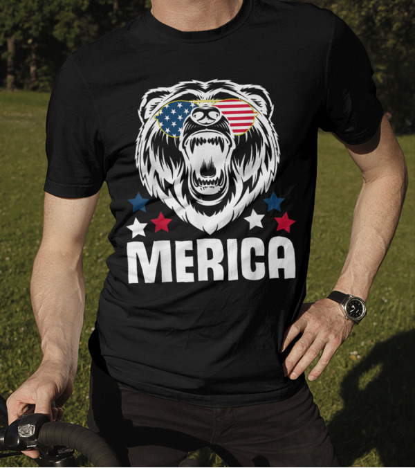 Merica Bear American Flag Sunglasses Patriotic 4th Of July Stars T-Shirt