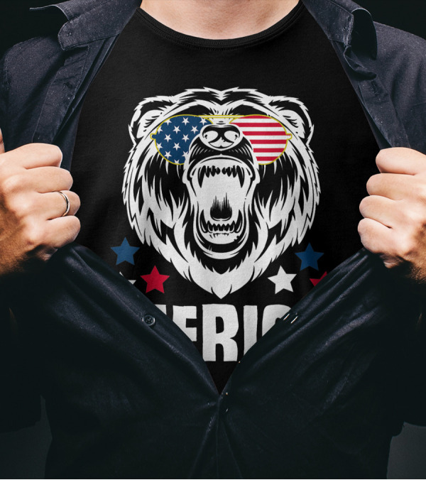 Merica Bear American Flag Sunglasses Patriotic 4th Of July Stars T-Shirt