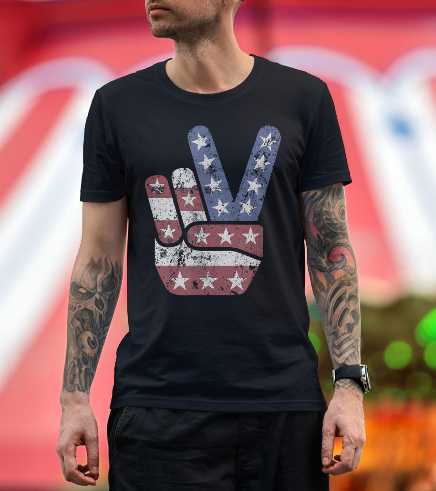4th of July Peace Sign Hand with American Flag T-Shirt