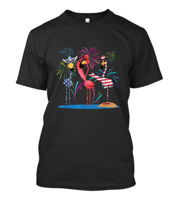 4th Of July Flamingo Party With Fireworks And American Flag Motifs T-Shirt