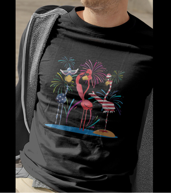 4th Of July Flamingo Party With Fireworks And American Flag Motifs T-Shirt