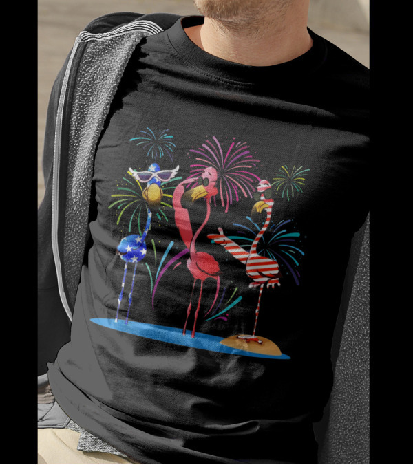 Three Flamingos Fireworks American Flag Independence Day T-Shirt