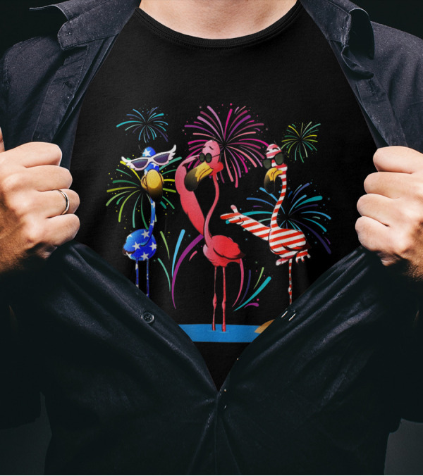 Three Flamingos Fireworks American Flag Independence Day T-Shirt