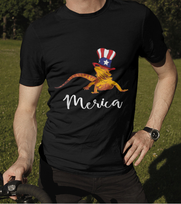 4th Of July Bearded Dragon Merica With American Hat Lizard T-Shirt