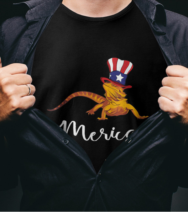 4th Of July Bearded Dragon Merica With American Hat Lizard T-Shirt