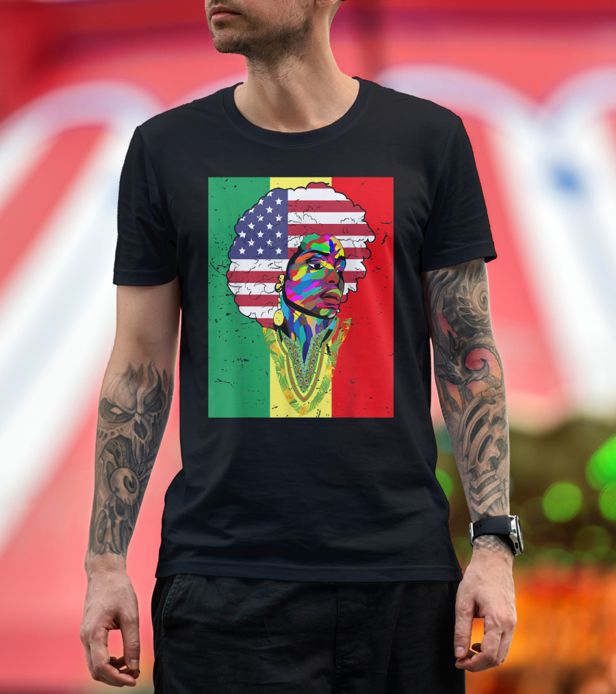 Juneteenth African American Melanin Dashiki with American Flag Afro and Rasta Colors T-Shirt