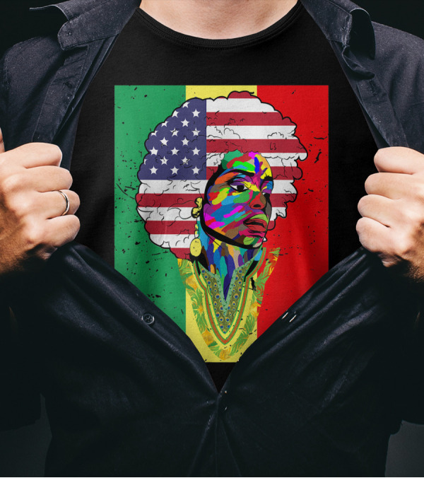 Juneteenth African American Melanin Dashiki With American Flag Afro And Rasta Colors T-Shirt