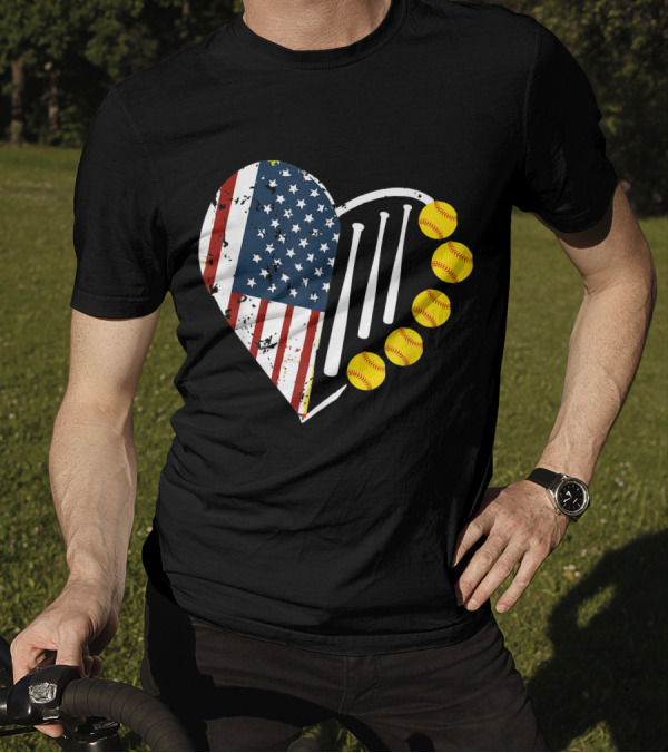Softball Heart With American Flag And Softballs For 4th Of July T-Shirt