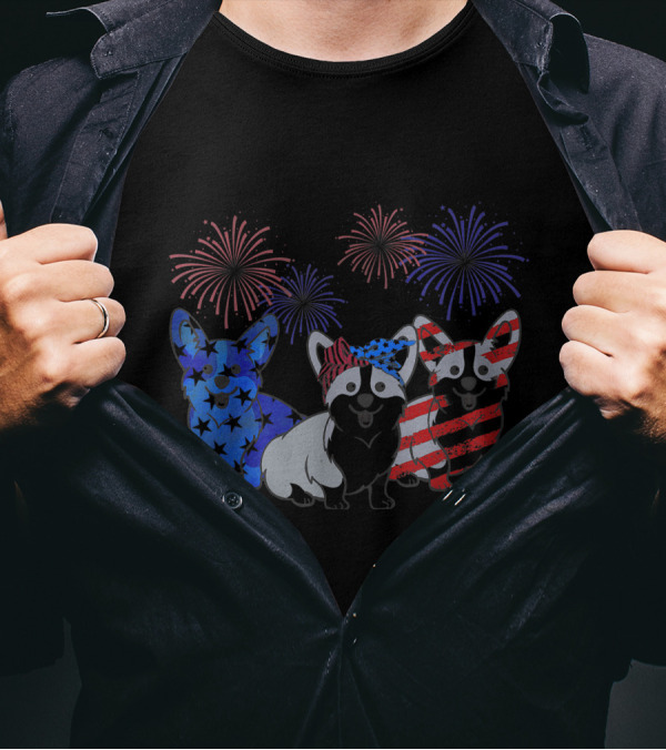 Corgi American Flag Fireworks 4th Of July T-Shirt