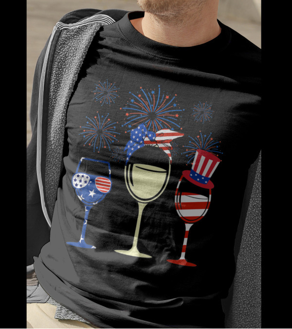 American Flag Wine Glasses Firework Celebration 4th Of July T-Shirt