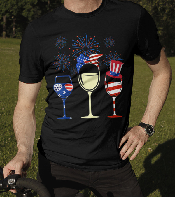 American Flag Wine Glasses Firework Celebration 4th Of July T-Shirt